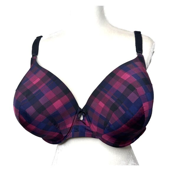 Torrid Curve Full Coverage Bra Blue Red Plaid Check Size 48 DDD Underwire Molded - Picture 1 of 11